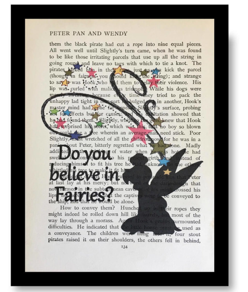 Poster on a page from the book, with a Tinkerbell silhouette and the phrase "Do you believe in fairies?"