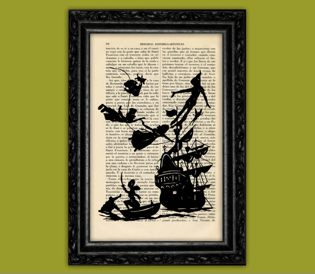 Poster on a book page with the silhouette of a pirate ship and Peter Pan and Wendy flying through the air