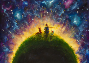 The Little Prince sitting on his planet with the rose and the fox and looking out into space with blue and purple swirls for stars and galaxies
