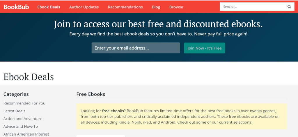 Screenshot of the BookBub homepage