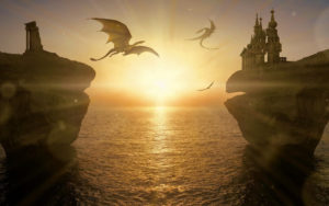 Dragons flying over the water with a sunset in the background and ruined castles surrounding them