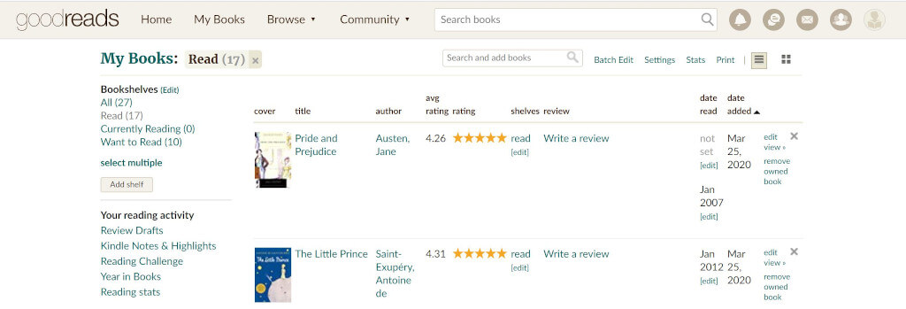 Screenshot of Goodreads reading catalog books page