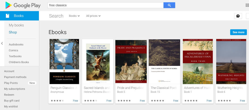 Screenshot of Google Play Books' free ebooks page