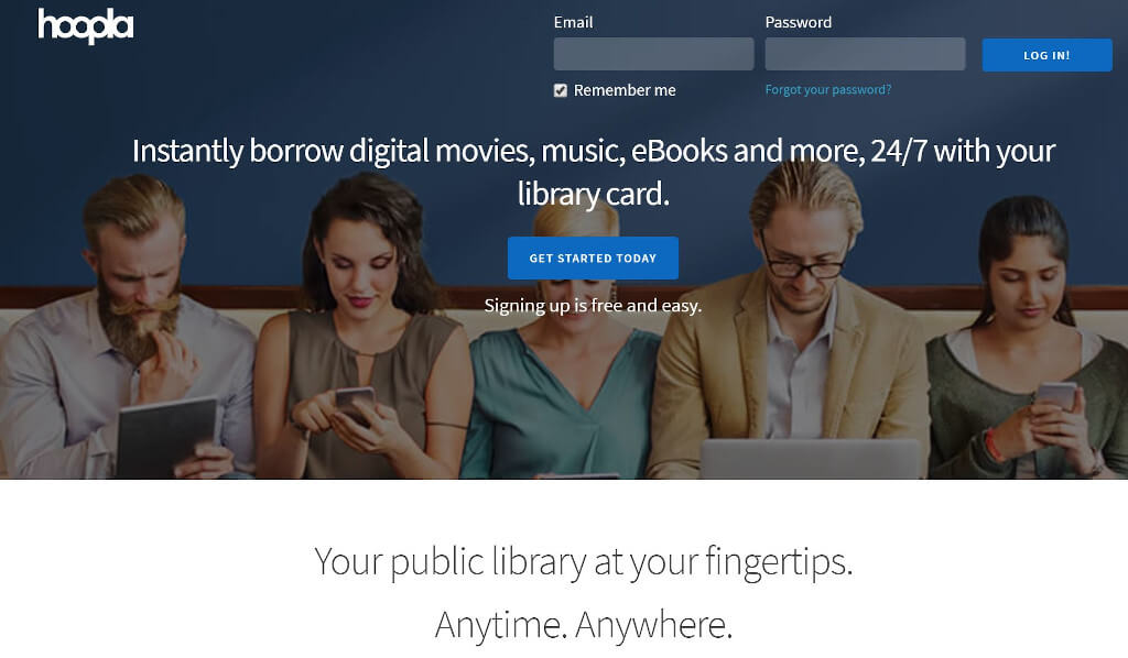 Screenshot of Hoopla's homepage