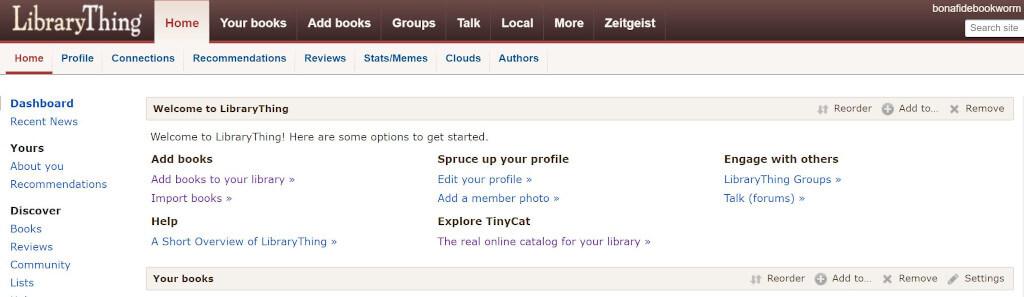 Screenshot of LibraryThing reading catalog homepage