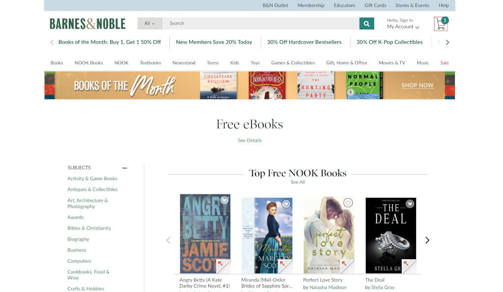 Screenshot of Nook's free ebooks page