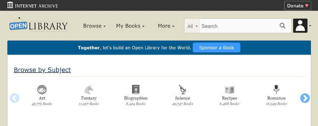 Screenshot of the Open Library homepage