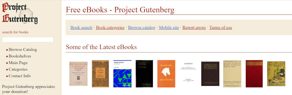 Screenshot of Project Gutenberg's homepage