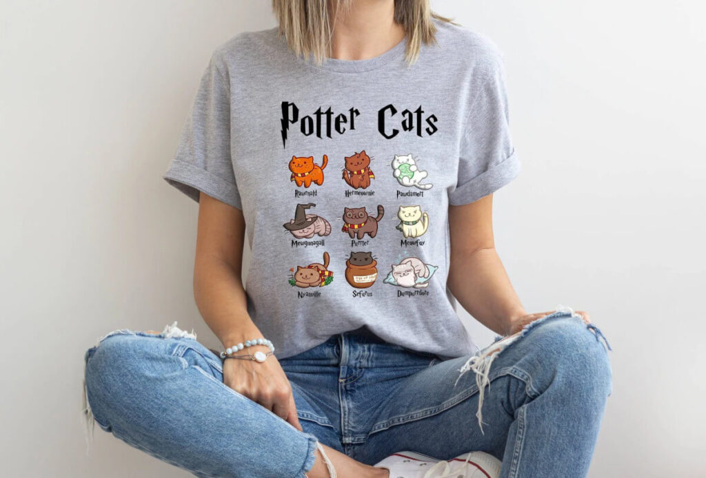 T-shirt that reads "Potter Cats" and has various Harry Potter characters drawn as cats by USGlobalDesign