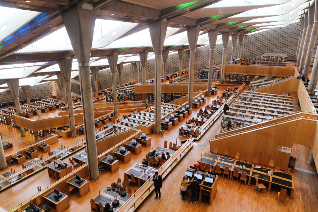 Wooden sloped interior of the Library of Alexandria in Egypt