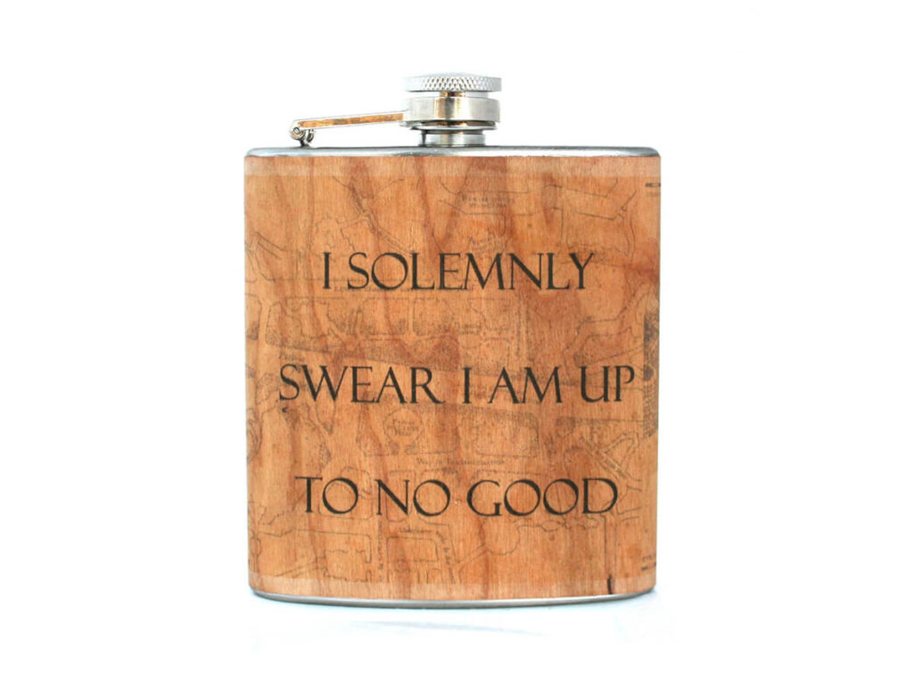 Wood veneer flask that reads "I solemnly swear I am up to no good" by Wickensnuffers