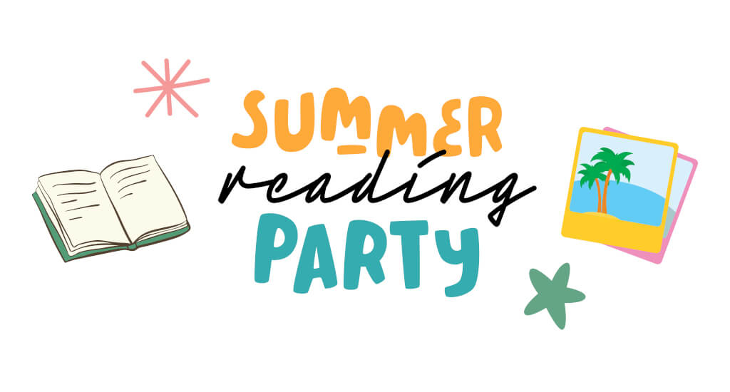 Drawing of a book and photos with the text "summer reading party"
