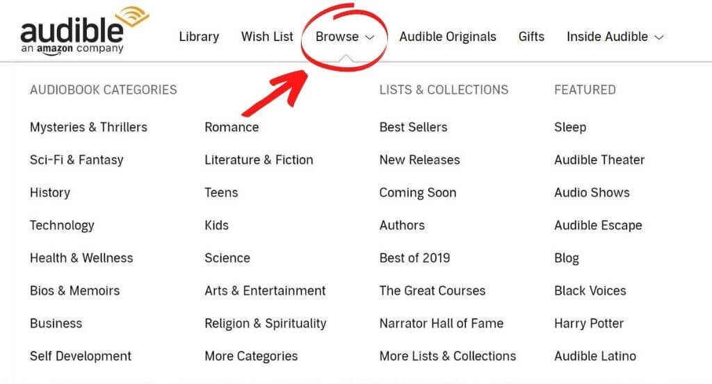 képernyőkép az Audible böngészési kategóriákról