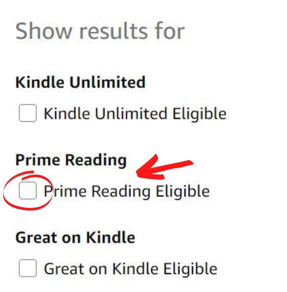 Checkbox in Amazon's left sidebar that reads "Prime Reading Eligible"