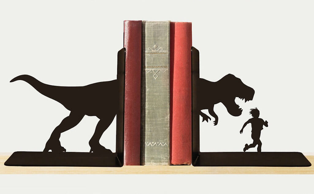 T-Rex chasing a person bookends by EvyAnn Designs