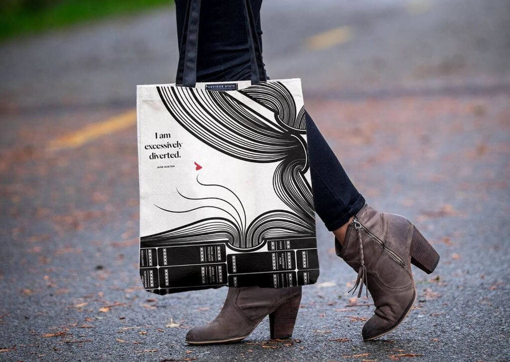 Jane Austen tote bag s knihami design podle zřejmého stavu