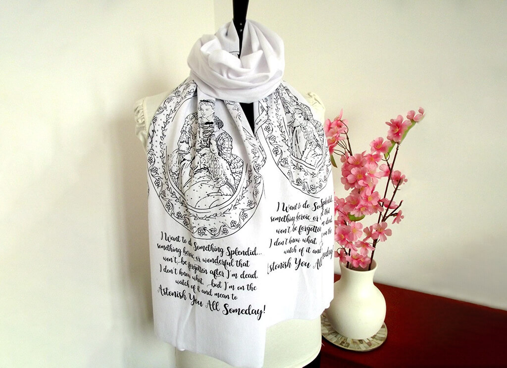 Black and White scarf with a Little Women illustration and quote on it. By Literary Art Prints