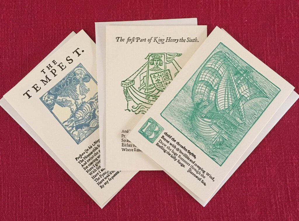 3 greeting cards with text and images on them from the 1623 First Folio. By Louisa Hare/First Folio Cards