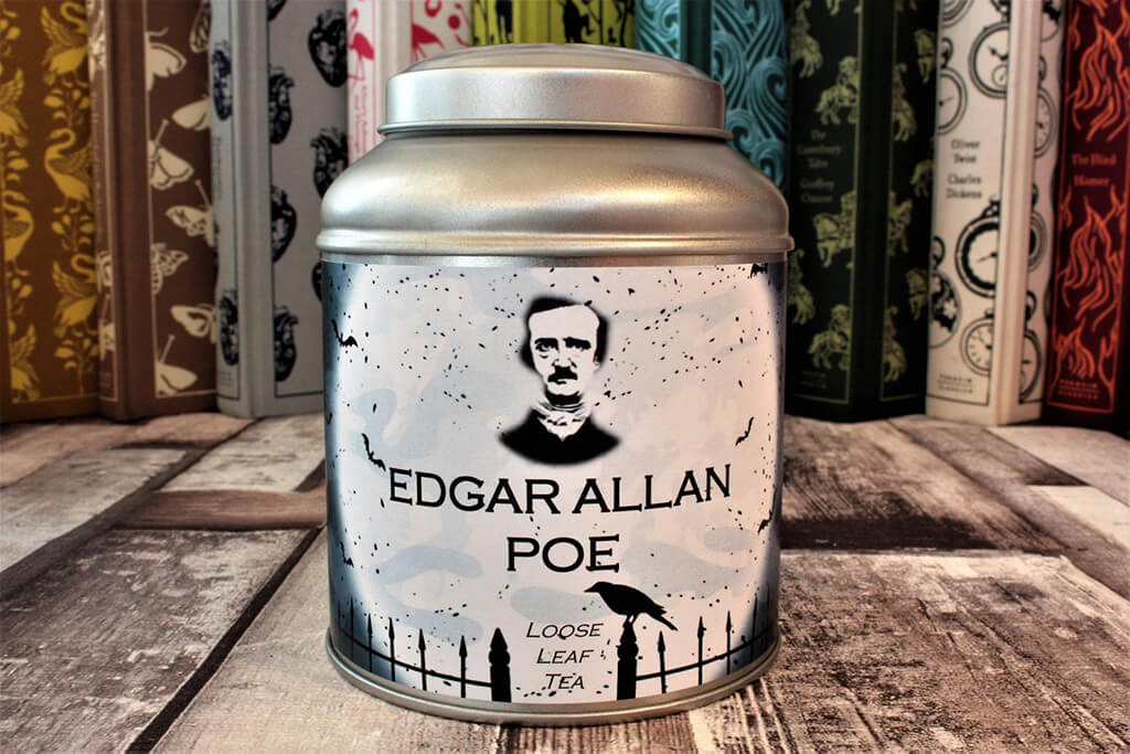 Metal tea tin that reads "Edgar Allan Poe" by Rosie Lea Tea
