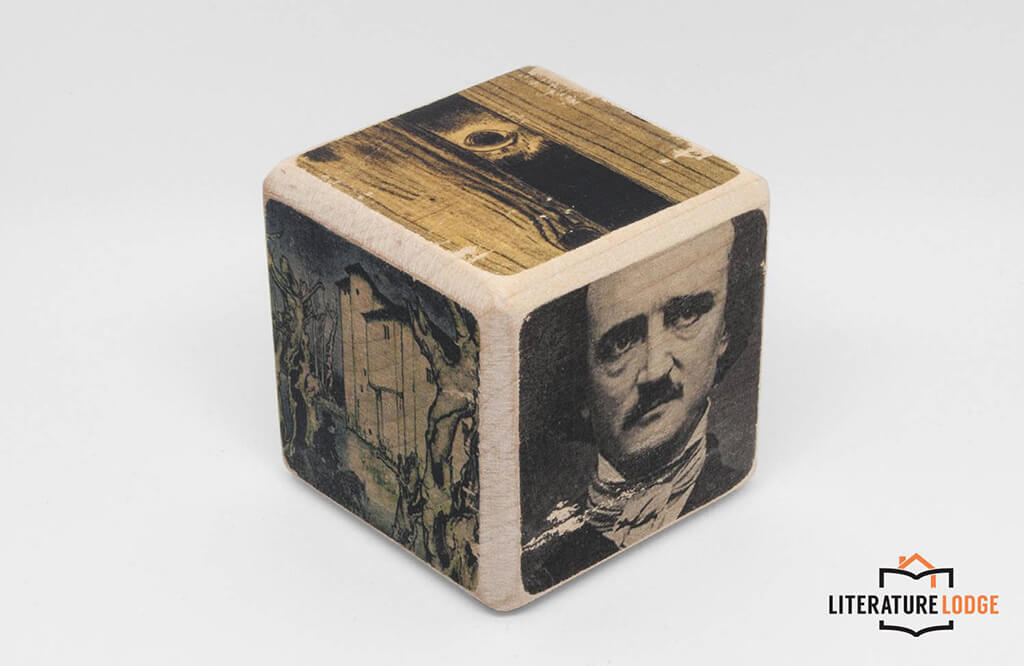 Wooden block with a picture of Poe on it by Literature Lodge