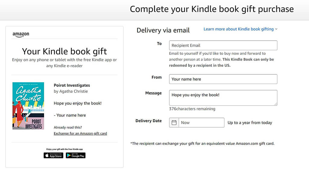 amazon kindle book gift purchase page