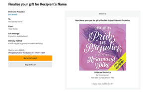 Screenshot of a preview of what giving an Audible book as a gift looks like