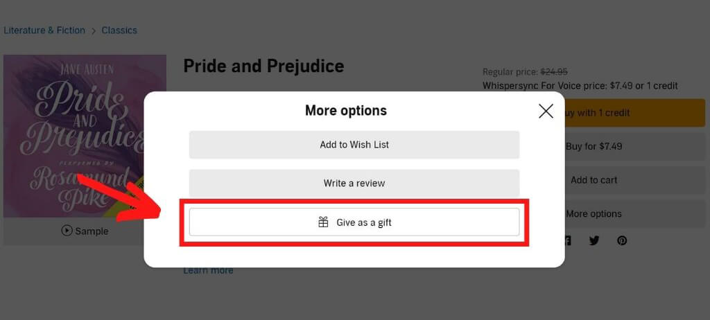 Screenshot showing the pop-up message with a button that reads "Give as a gift"