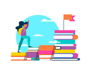 Illustration of a girl wearing a backpack and walking up stacks of books set up like steps