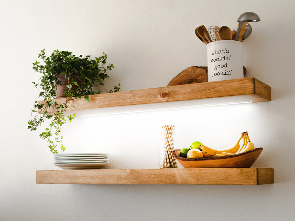 Wooden floating shelves with LED lights by Lyons Crafted