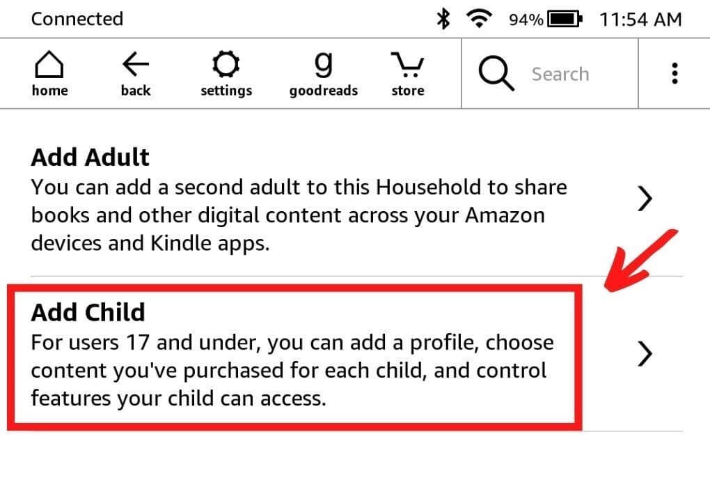 Fourth step of adding a child account to Kindle