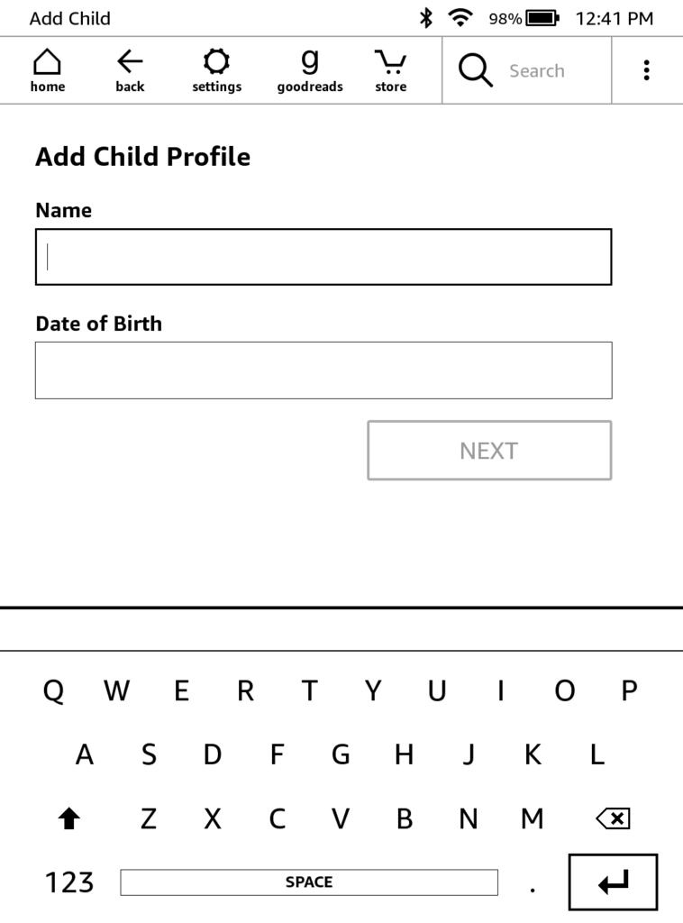 Set up Kindle child account with name and date of birth