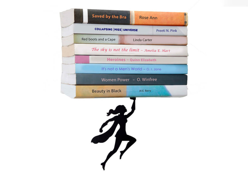 stack of books on an invisible bookshelf being held up by metal silhouette of a superhero. By Artori Design