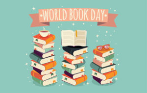 Teal and pink illustration with three stacks of books and a banner above them that reads "World Book Day"