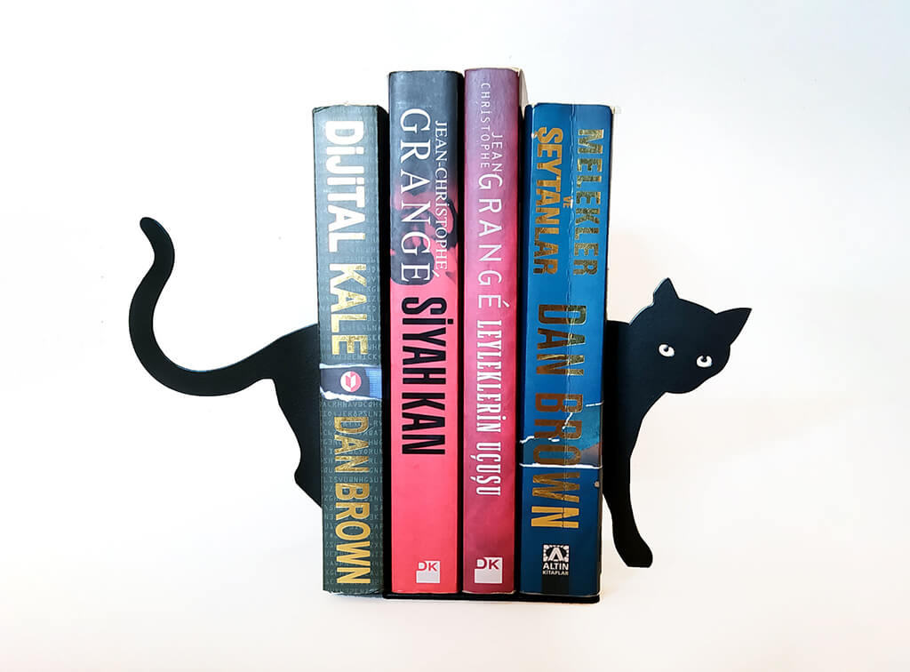 Black metal bookends with a cat's tail on one end and a cat's head on the other. By ArtConceptDesigns