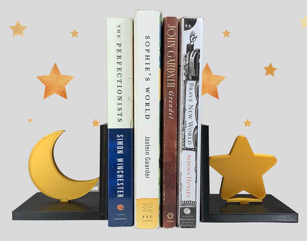 Bookends with a yellow crescent moon on one side and a yellow star on the other. By Hoffman3DPrinting