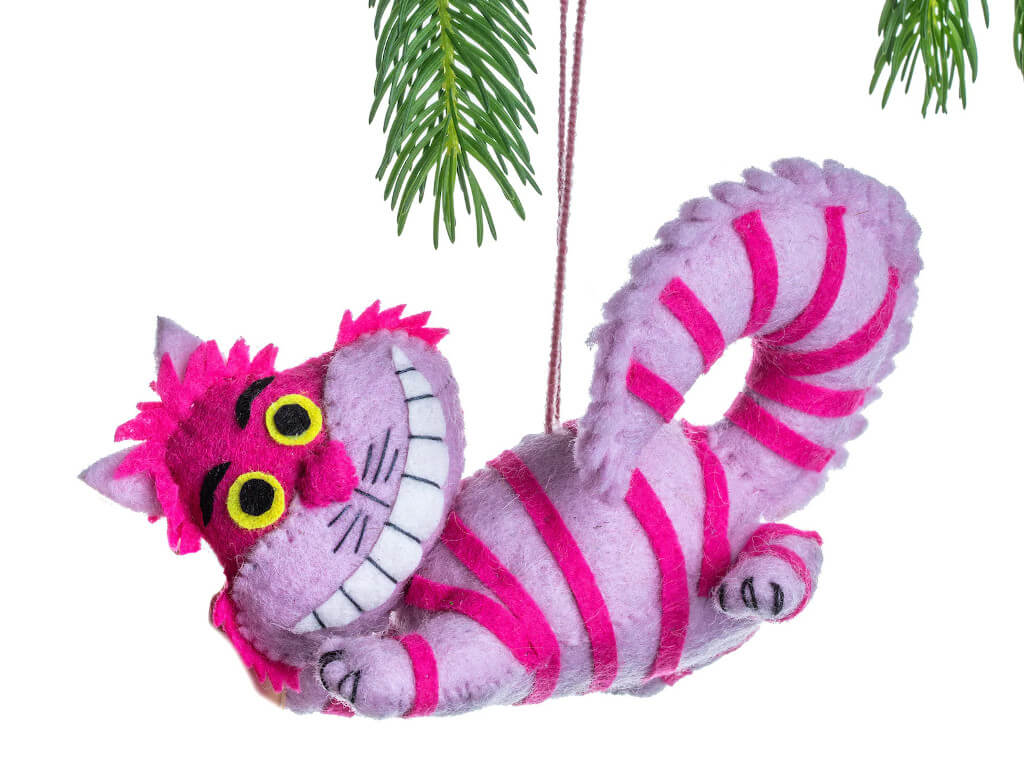Pink striped Cheshire Cat felt ornament by SilkRoadBazaarShop
