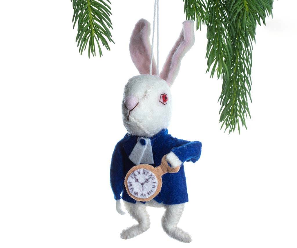 Felted white rabbit ornament with felted pocket watch by SilkRoadBazaarShop