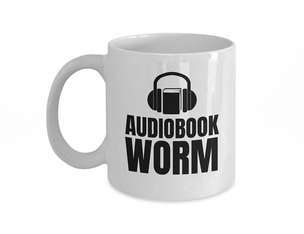 Mug with book and headphones design and the words "Audiobook Worm" by RealPeopleGoods
