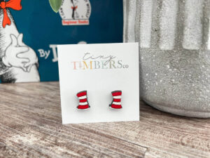 Small woodern striped Cat in the Hat shaped earrings by TinyTimbersCompany