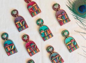 Colorful bookshelf-shaped earrings by FineTouchStudio