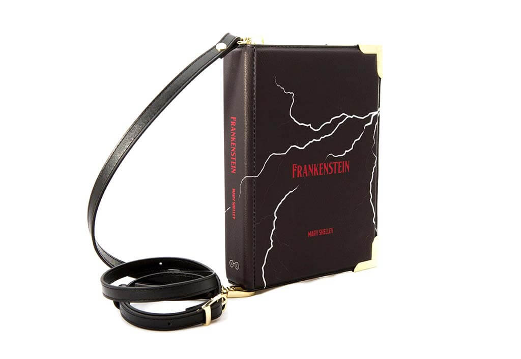 Black purse with lightning and the word "Frankenstein" in red. By WellReadCompany.