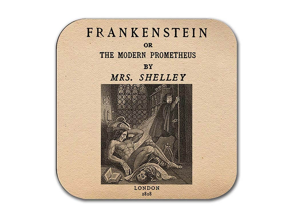 Rounded square coaster with the title and author of Frankenstein. By UniversalZone