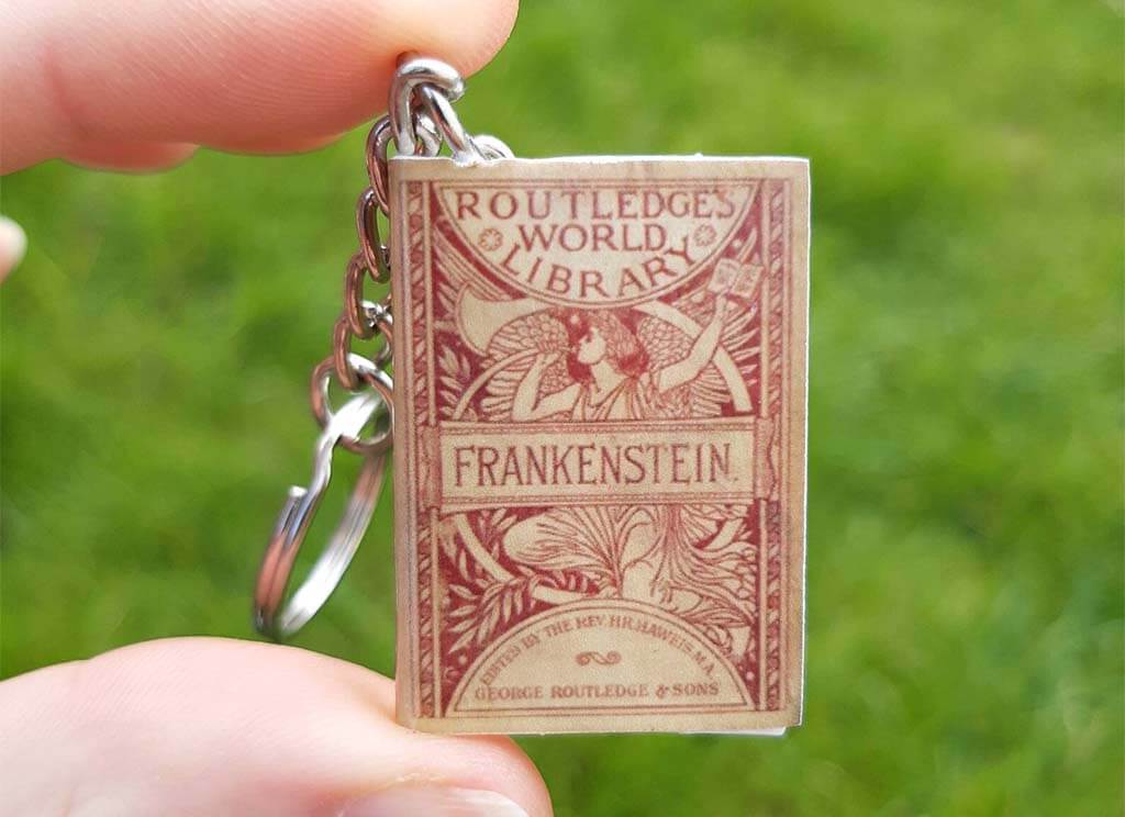 Miniature book with Frankenstein cover on a keychain by littlecloudshop1
