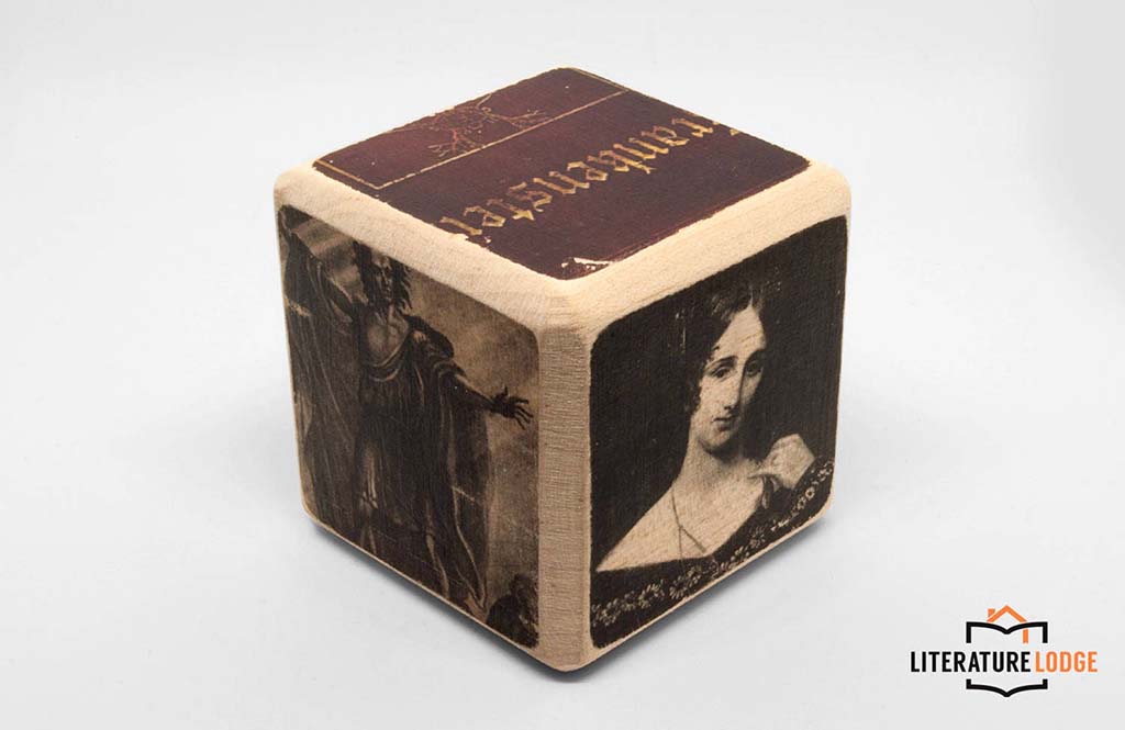 Block of wood with Mary Shelley's image and a picture of Frankenstein book cover by LiteratureLodge
