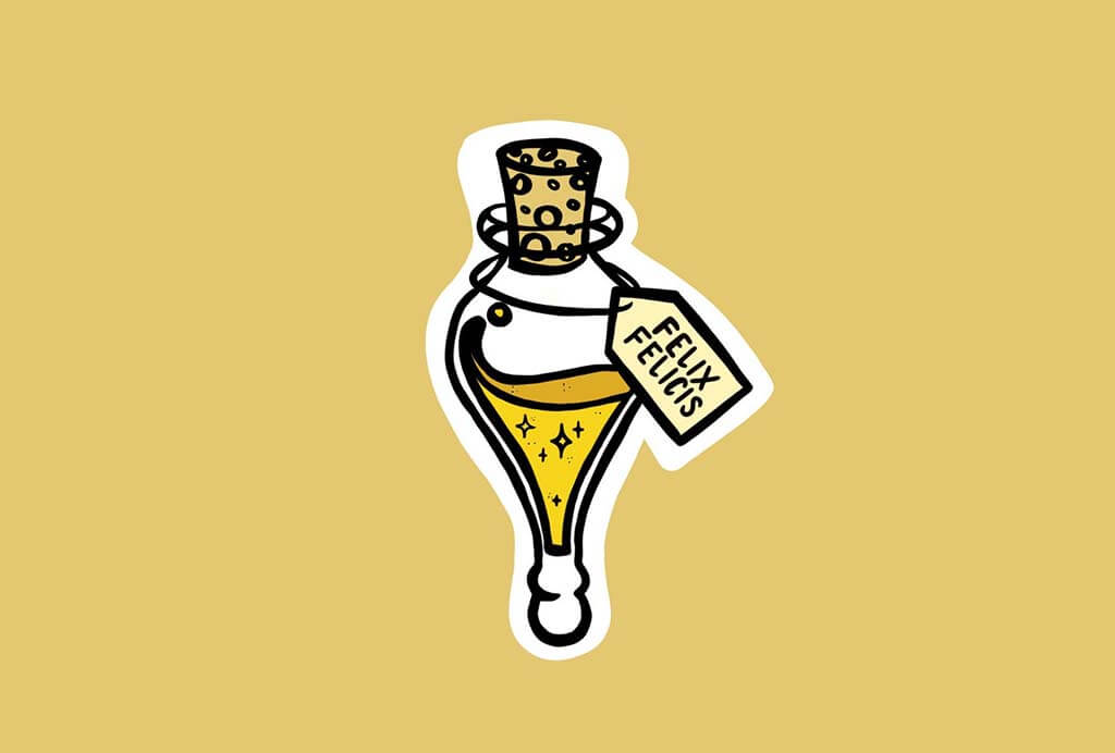Sticker that looks like a tiny jar with the words "Felix Felicis" by CityLightsStudios