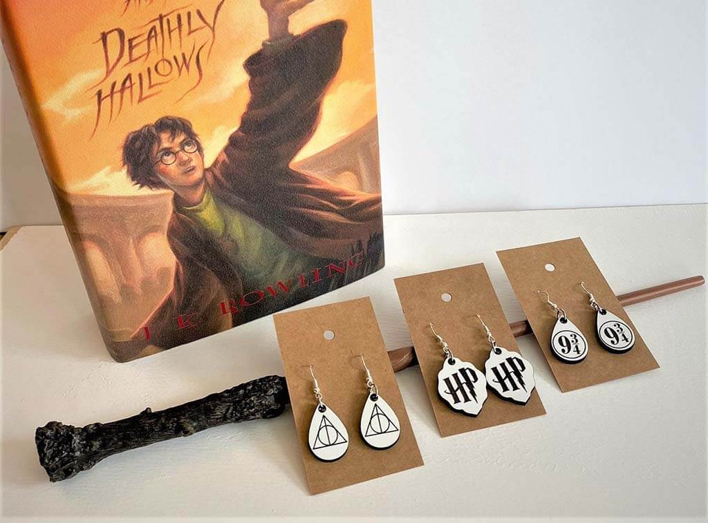 Set of 3 white and black drop earrings with Harry Potter symbols by SmithManorDesign