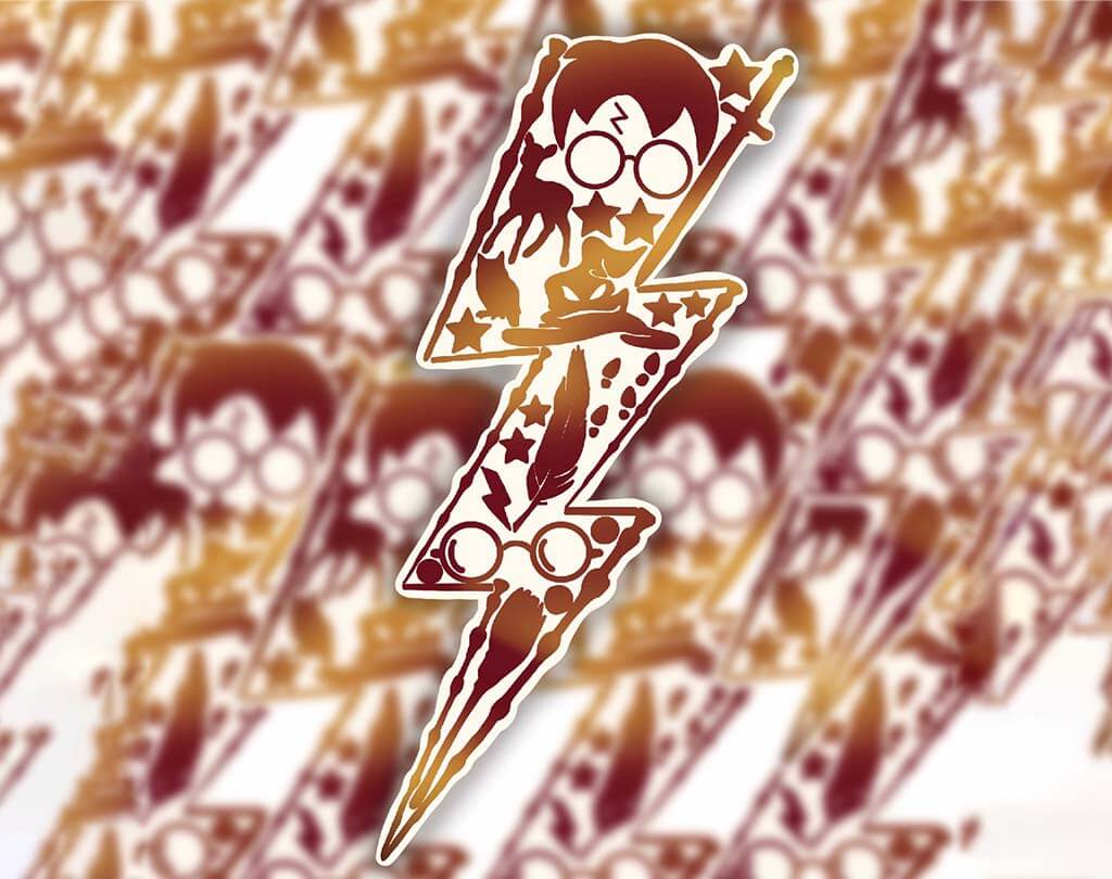 Lightning bolt shaped sticker with Harry Potter and glasses motif by JDDesignsAR