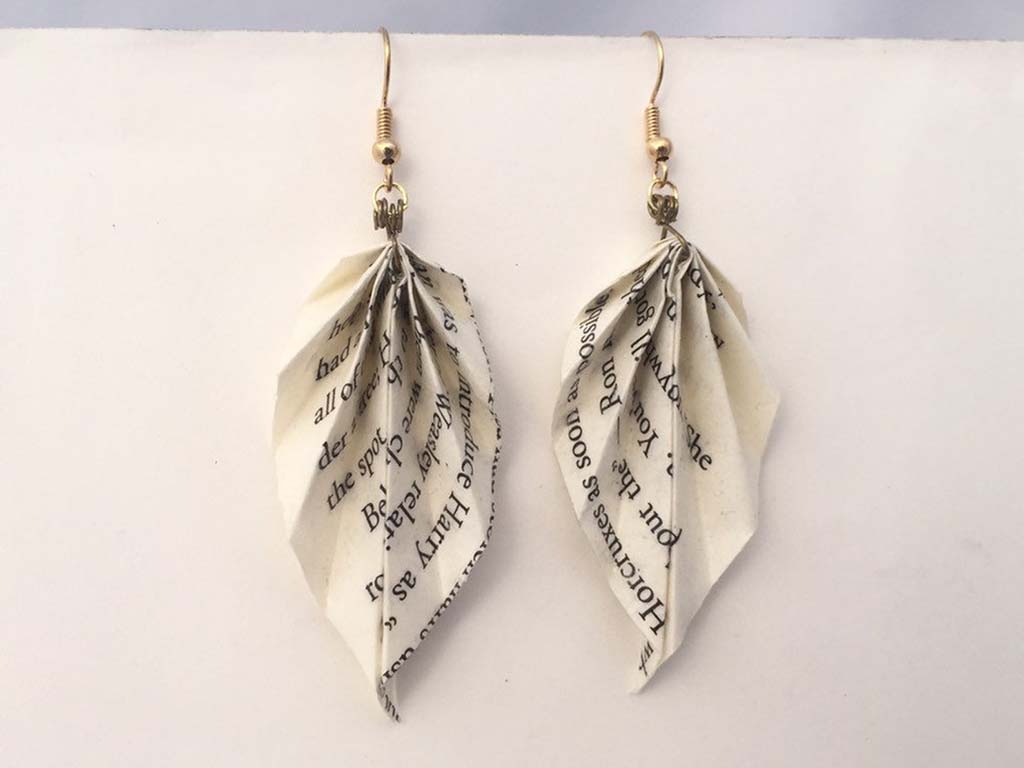 Feather-like origami earrings made out of Harry Potter pages by UpCycledChicByBecca