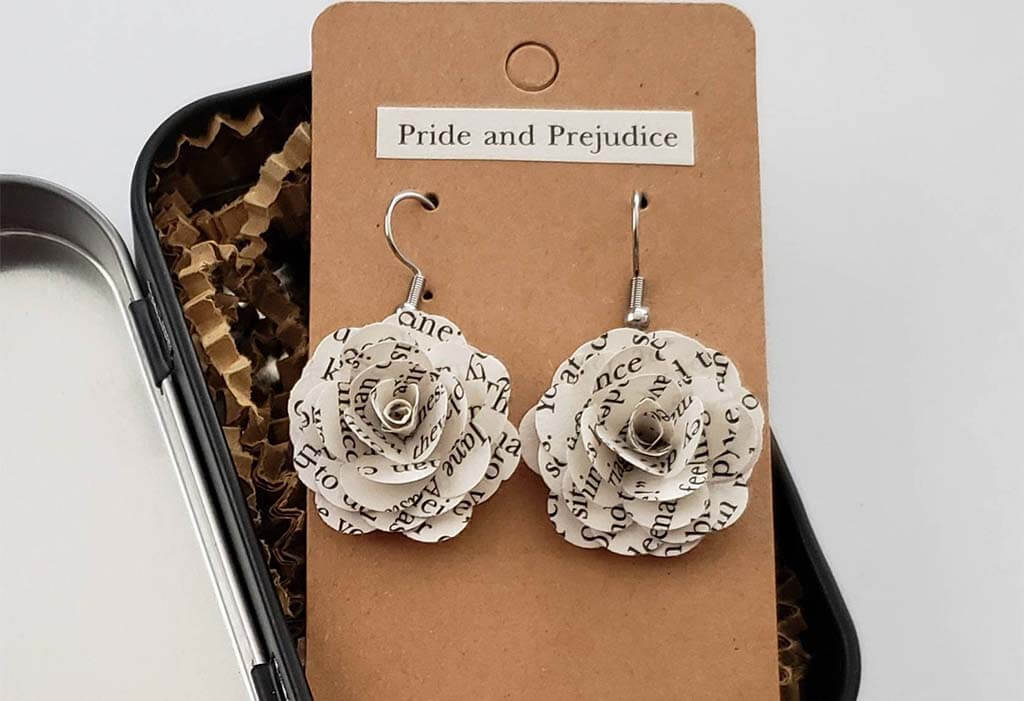 Rose-shaped earrings made of pages from a book by BallardDecor