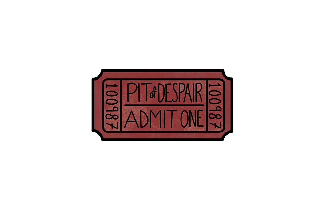 Ticket-shaped sticker that says "Admit one to the pit of despair" by AchroProductions
